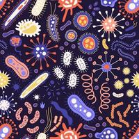 Seamless pattern Bundle of infectious microorganisms. Cartoon infectious germs, protests, microbes. A bunch of diseases that cause bacteria, viruses vector