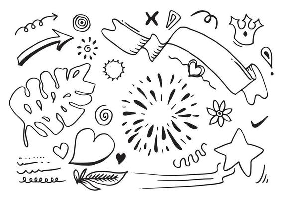 Hand drawn set elements, black on white background. Ribbon,Arrow, heart, love, star, leaf, circle, light, flower, crown,Swishes, swoops, emphasis ,swirl ,underlines for concept design.