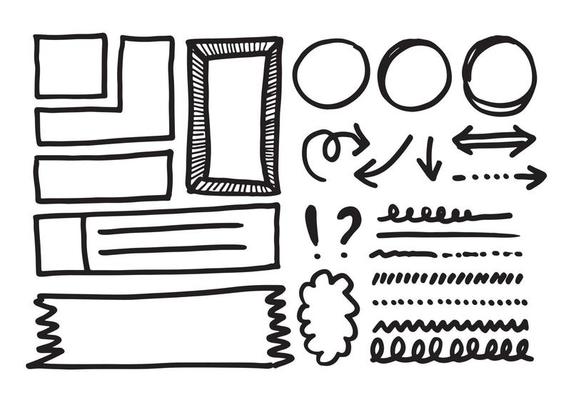 Doodle vector lines and curves.Hand drawn check and arrows signs. Set of simple doodle lines, curves, frames and spots. Collection of pencil effects. Doodle border. Simple doodle set.