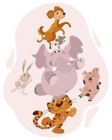 Children's illustration of animals, funny cartoon pig, elephant, dog, hare and tiger cub. Print for children, textiles, bedroom decor vector