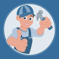 Logo, repair, young cheerful man in a work uniform with a hammer. Icon, illustration, vector