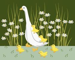 Illustration, bird goose and yellow goslings on a green background with daisies. Print for kids, wallpaper, bedroom decor