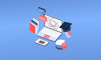 Modern 3d isometric concept of Online Education for banner website. Page template vector illustration of online learning, internet course, remote, tutorial on laptop or mobile phone application.