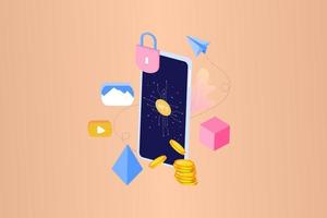 NFT non fungible token infographic with lines and dots network. Pay for unique collectible in video, game, art. Isometric vector illustration of NFT with blockchain technology for web banner template.