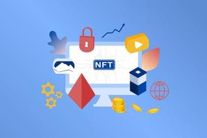 NFT non fungible token infographic with lines and dots network. Pay for unique collectible in video, game, art. Isometric vector illustration of NFT with blockchain technology for web banner template.