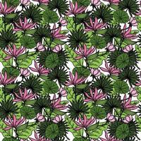 Seamless pattern of tropical strelitzia flower, palm tree leaves, lotus leaves and foliage. Hand-drawn doodle-style elements, bright flower and greenery. Tropics. Summer. Strelitzia. Isolated vector