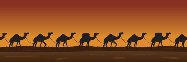 Camels caravan travelling through desert on sunset seamless vector illustration