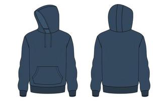 Long sleeve hoodie technical fashion  Flat sketch vector illustration navy blue color template front and back views isolated on white background.