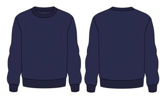 Long Sweatshirt technical fashion flat sketch vector illustration Navy Color template front and back views.