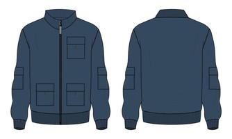 Long sleeve jacket technical fashion flat sketch vector illustration Navy blue Color template front and back views.