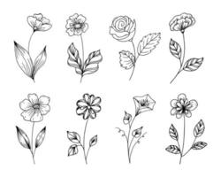 Set of hand drawn contour flowers in doodle style on a white background. Black outline, sketch, decor elements, vector