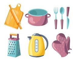 A set of kitchen utensils, a cutting board and a rolling pin, a saucepan and an electric kettle, a grater and gloves. Pastel colors. Kitchen icons, design elements