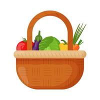 Picnic baskets. Wicker backet with fresh fruits. Tomatoes, eggplant, cabbage, pepper, onion carrot Flat vector illustration