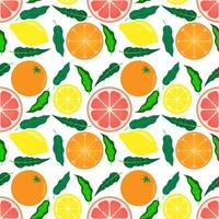 Cute seamless pattern with fresh citrus fruits on white background. Lemon, orange, grapefruit in leaves. Lemonade ingredients for fabric, drawing labels, print on t-shirt, wallpaper etc. vector