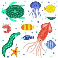 ambientado con lindos animales marinos sonrientes: tortugas marinas, camarones, medusas, calamares, estrellas de mar, morenas y varios peces. fauna marina y oceánica aislada sobre fondo blanco. ilustración vectorial de dibujos animados plana.