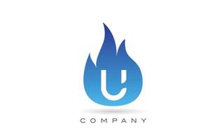 Diseño del logotipo de la letra del alfabeto de las llamas de fuego azul u. plantilla de icono creativo para empresa y negocio vector