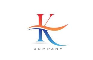diseño del logotipo de la letra del alfabeto naranja azul k con swoosh. plantilla de icono creativo para empresa vector