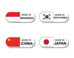 Set Sticker made in Indonesia, Japan, South Korea, China. Simple icon with flag on white background vector