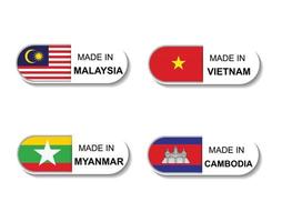 set de pegatinas hechas en malasia, myanmar, vietnam, camboya. icono simple con una bandera sobre fondo blanco vector