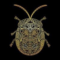 A golden beetle in a linear style. Linear vector illustration
