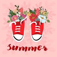 tarjeta de verano brillante. hermoso cartel de verano con zapatillas con flores. linda ilustración vectorial para fondos, tarjetas, carteles y volantes. vector