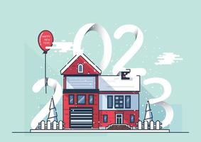 The greeting card with house covered number 2023 and lettering happy new year, beautiful town in city on background, vector illustration