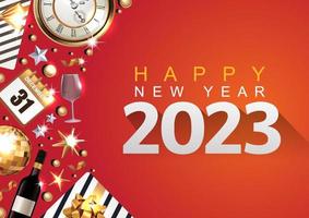 2023 New Year luxury background with gold glitter confetti, gift box, wine bottles, the golden clock, and silver star used for print, background, banner, cover, etc
