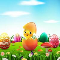 Cute Easter duckling in the broken Easter egg vector