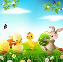 Cartoon rabbit with baby chicken and duckling in the field