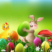 Cartoon rabbit with easter eggs and baby chicken in the field vector