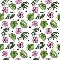 A seamless drawing of a tropical hibiscus flower. A hand-drawn sketch of a bright flower in doodle style. Tropics. Bright greens. Palm leaves and monster leaves. Pink hibiscus. Isolated vector