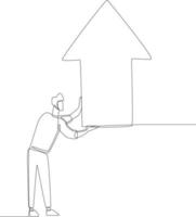 Continuous one line drawing Young man holding arrow with hands. Stock market buy or sell. Single line draw design vector graphic illustration.