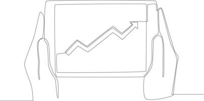 gráfico de comercio de dibujo de línea continua única flecha hacia arriba en la tableta. ilustración de vector de diseño gráfico de dibujo de una línea.