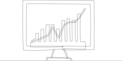 Gráficos de datos de gráfico de mercado de acciones de dibujo de línea continua única en computadora portátil en casa. ilustración de vector de diseño gráfico de dibujo de una línea.