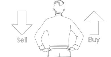 Single continuous line drawing trader standing looking  with buy and sell sign. One line draw graphic design vector illustration.