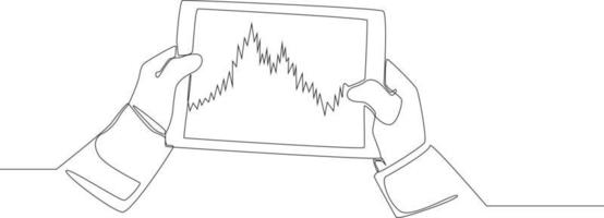 Continuous one line drawing Hands holding tablet. there is share market graph on screen tablet. Single line draw design vector graphic illustration.