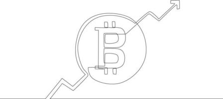 Single continuous line bitcoin currency. Crypto coin with growth up.  One line draw graphic design vector illustration.