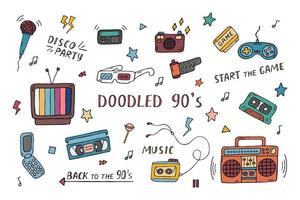 Doodled 90s vector set. Collection of retro electronics and things from 1990s. Funny doodles. Trendy colored vintage design elements on white background. Hand drawn illustration