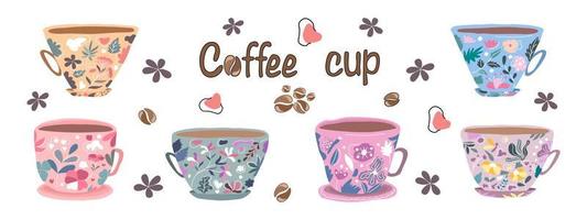 lindo juego de tazas de café vintage diseñado en estilo garabato para impresión digital, fondo, decoración de tarjetas, cafetería, diseño de ropa, bolso, pegatina, almohada, álbum de recortes, diseño de camisetas y más. vector