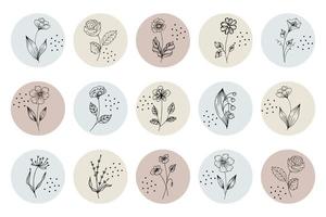 Floral icons set, black contour flowers in round shapes in pastel shades. Highlights for social networks, decorative elements