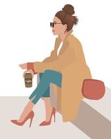 Illustration, a young modern girl with a paper glass of coffee is resting during the working day, coffee break. Clip art, vector