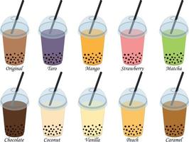colección de diferentes gustos y sabores té de burbujas en la ilustración de vector de vaso de plástico