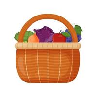 Picnic baskets. Wicker backet with fresh fruits. Tomatoes, eggplant, cabbage, pepper, onion carrot Flat vector illustration