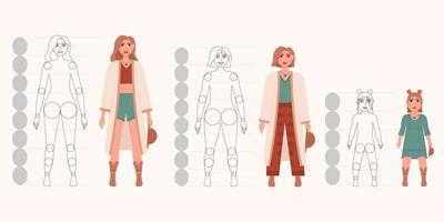 Woman of different life stages. Child, adult and old person. Boho style fashion outfit. Fashionable clothes. vector