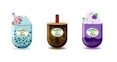 A set of different types of tea. Flat style painted elements. Fancy drinks. Green tea, matcha milk, cacao brownie and fruity, consisting of mixed fruit flavors, fresh strawberry vector