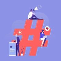 Men and women sending messages with hashtags, people chat online near big hashtag symbol. Social network modern communication concept
