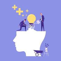 Businessman watering that growing lightbulb plant from the brain as metaphor growth personality. Personal growth-Self improvement and self development concept vector