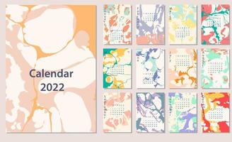 2022 year calendar design, week start Sunday, Editable calendar page template A4, A3 in portrait, set of artistic vector illustrations in cute colors
