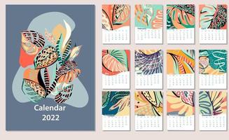 Diseño de calendario de 2022 años, inicio de semana el domingo, plantilla de página de calendario editable a4, a3 en retrato, conjunto de ilustraciones vectoriales artísticas en lindos colores