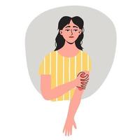 Woman showing arms, she suffering from eczema and feelling pain. Flat vector illustration.